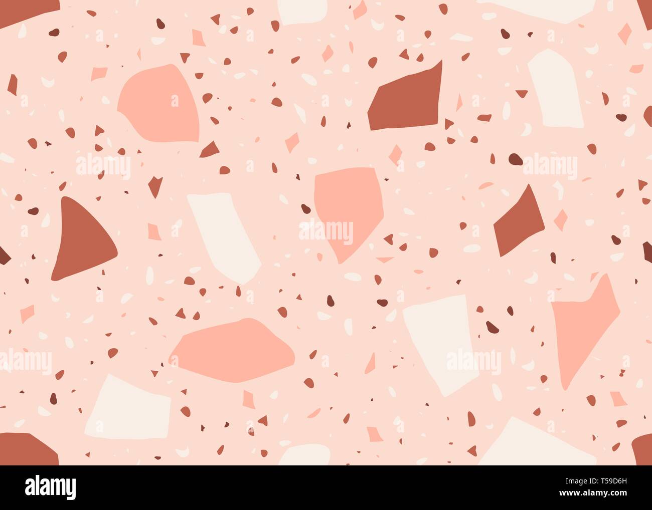 Nahtlose Wiederholung terrazzo Muster Rosa, Creme, orange und braun auf Pastell rosa Hintergrund. Trendige und stilvolle Composite Stone Texture, Wand Stock Vektor