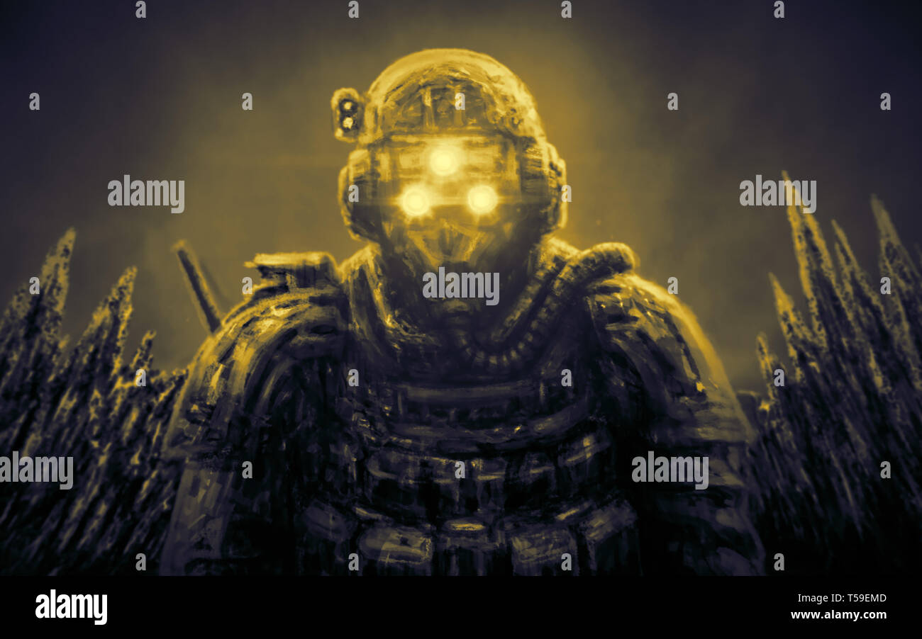 Special Forces Offizier in Nachtsichtgerät auf orangem Hintergrund. Abbildung im Science Fiction Genre. Stockfoto