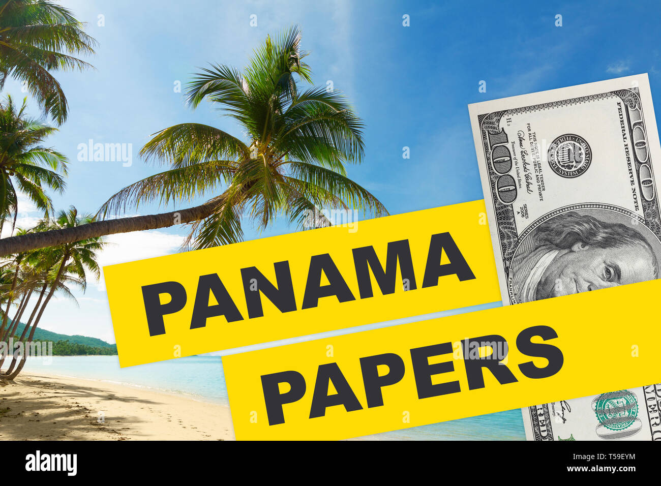 Panama Papiere 2016 Dokumente leck Konzept Collage mit tropischen Strand und Dollar Bill mit mit Panama Papiere Text. Stockfoto