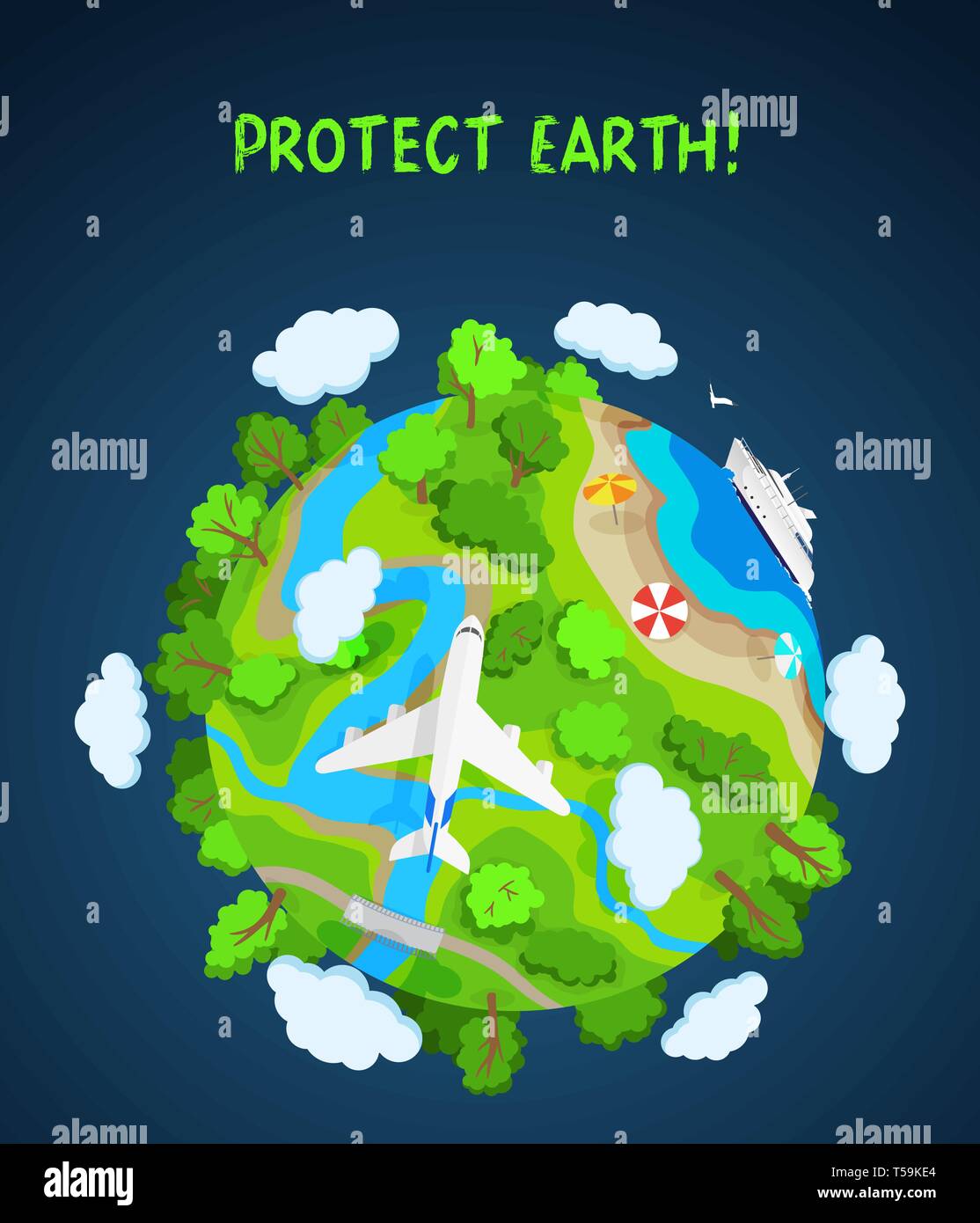 Erde schützen Konzept, Planet Erde mit Bäumen, Flüssen und Wolken Stock Vektor