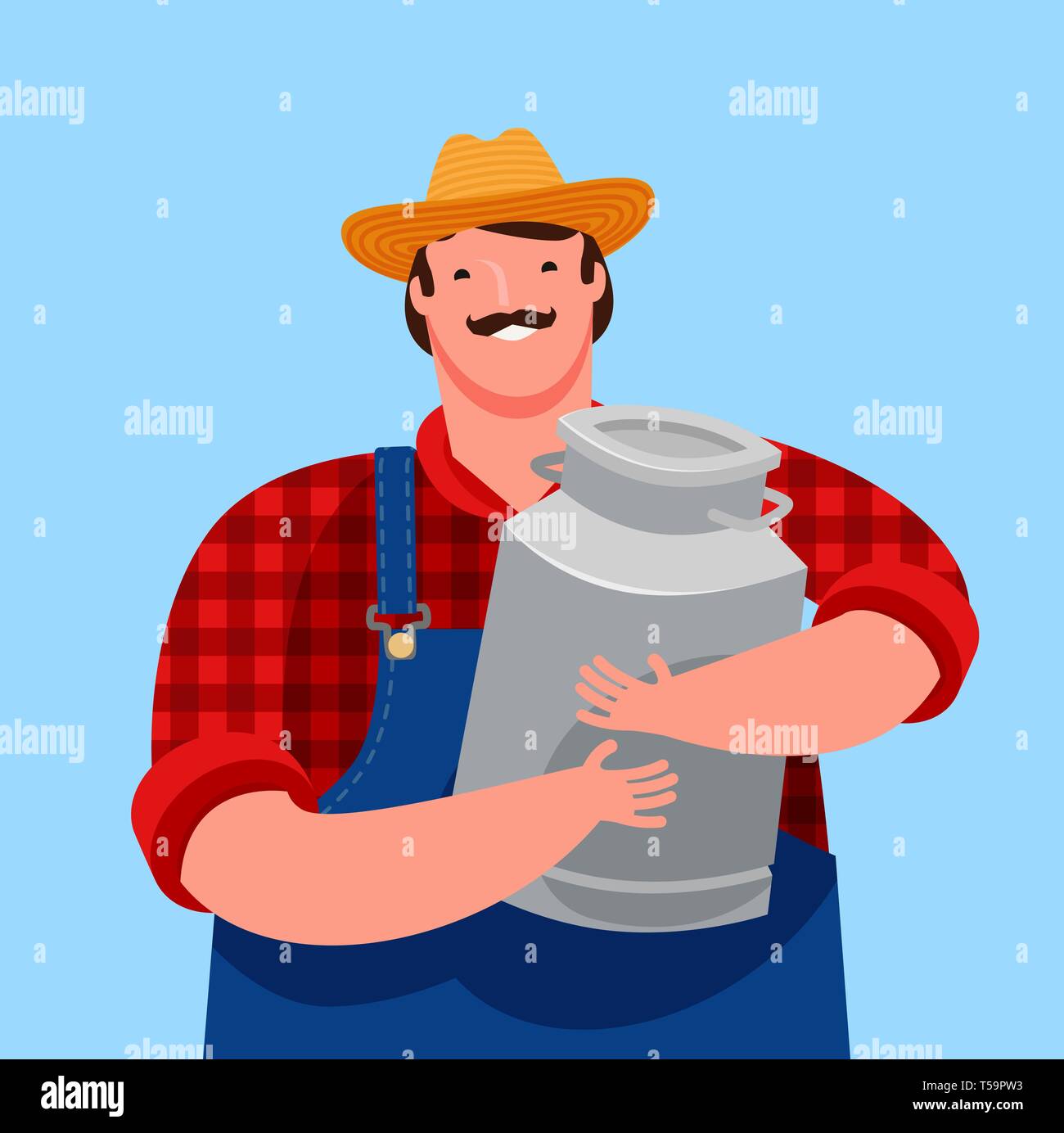 Gerne Bauer Holding eine grosse Milch kann. Molkerei, cartoon Vector Illustration Stock Vektor