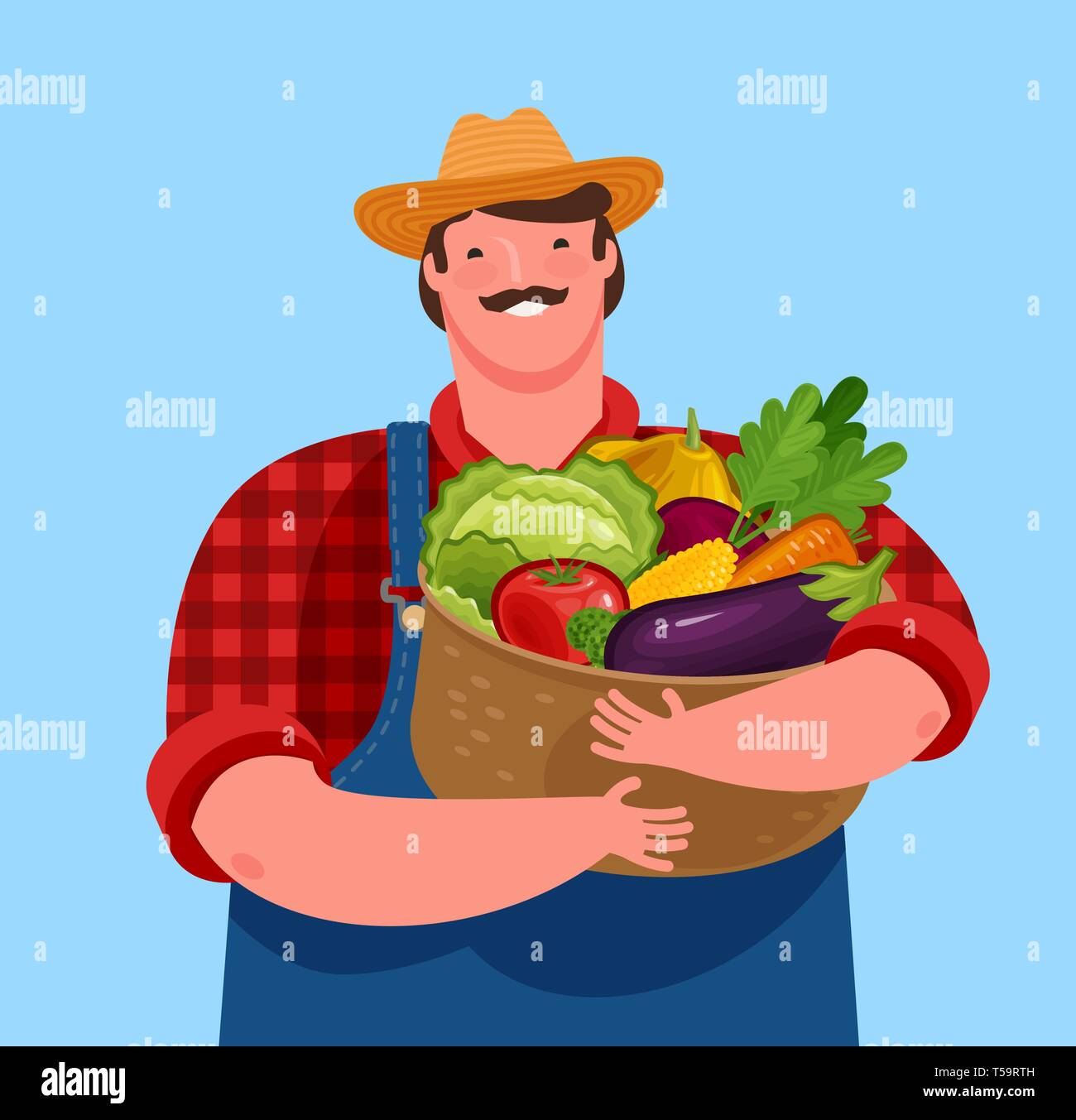 Bauer mit Korb mit frischem Gemüse. Landwirtschaft, cartoon Vector Illustration Stock Vektor