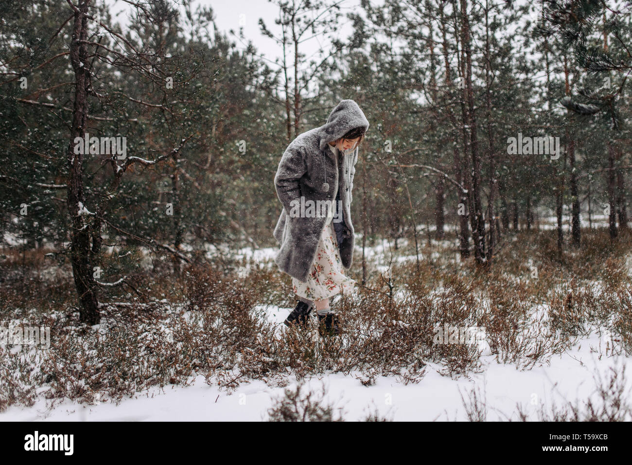 Eine Frau geht durch den Wald im Winter Stockfoto