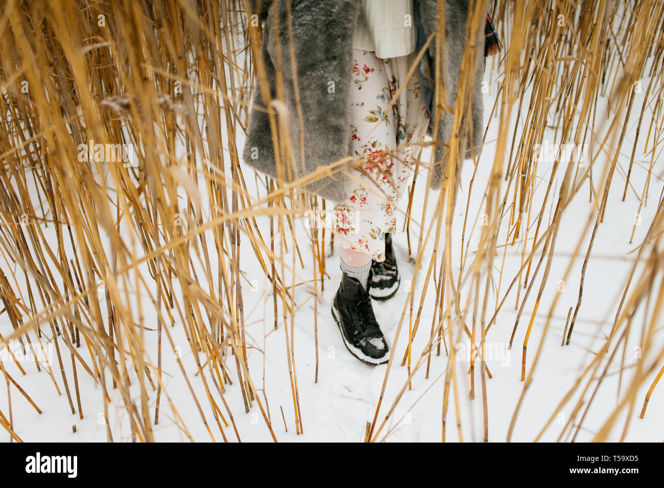 Füße der Frau zu Fuß auf trockenem Gras im Winter Stockfoto
