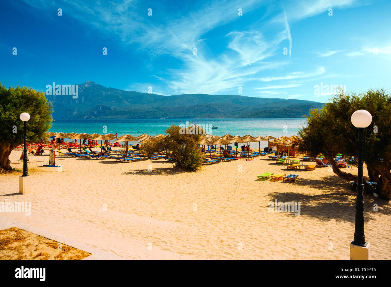 Die Insel Samos, Griechenland - 20. September 2017: schöne Strand Psili Ammos, Touristen genießen einen schönen Sommertag auf der Insel Samos in Griechenland Stockfoto