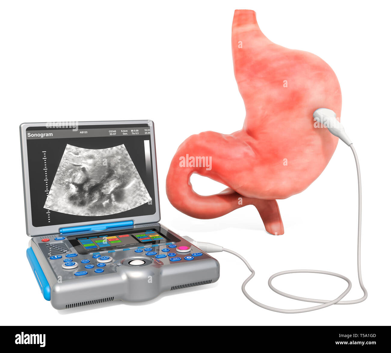 Verdauungsfördernde Ultraschall Konzept. Menschlichen Magen mit medizinischen Ultraschall Diagnose Maschine, 3D-Rendering auf weißem Hintergrund Stockfoto