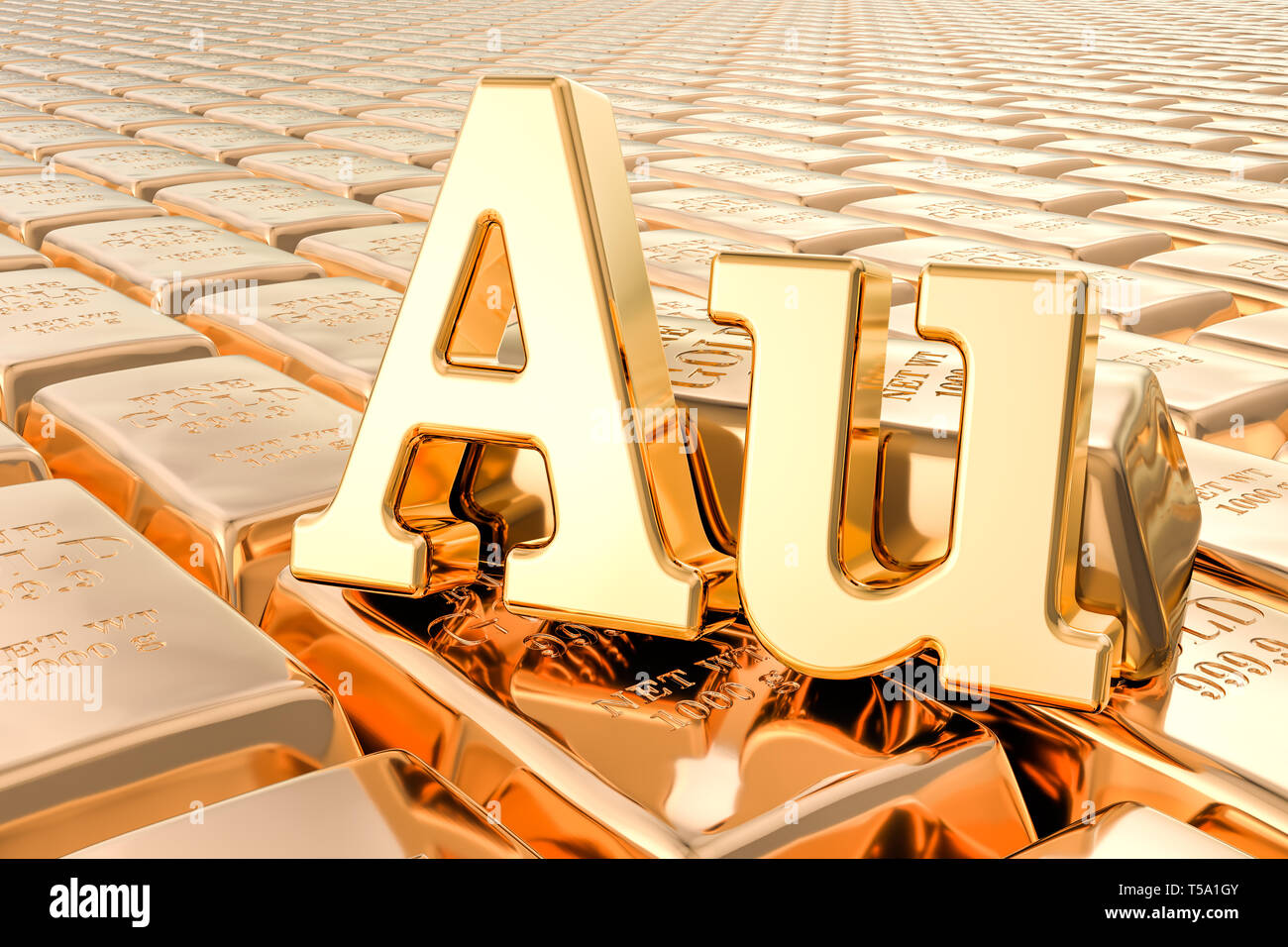 Gold Barren Hintergrund mit Au Symbol. 3D-Rendering Stockfoto