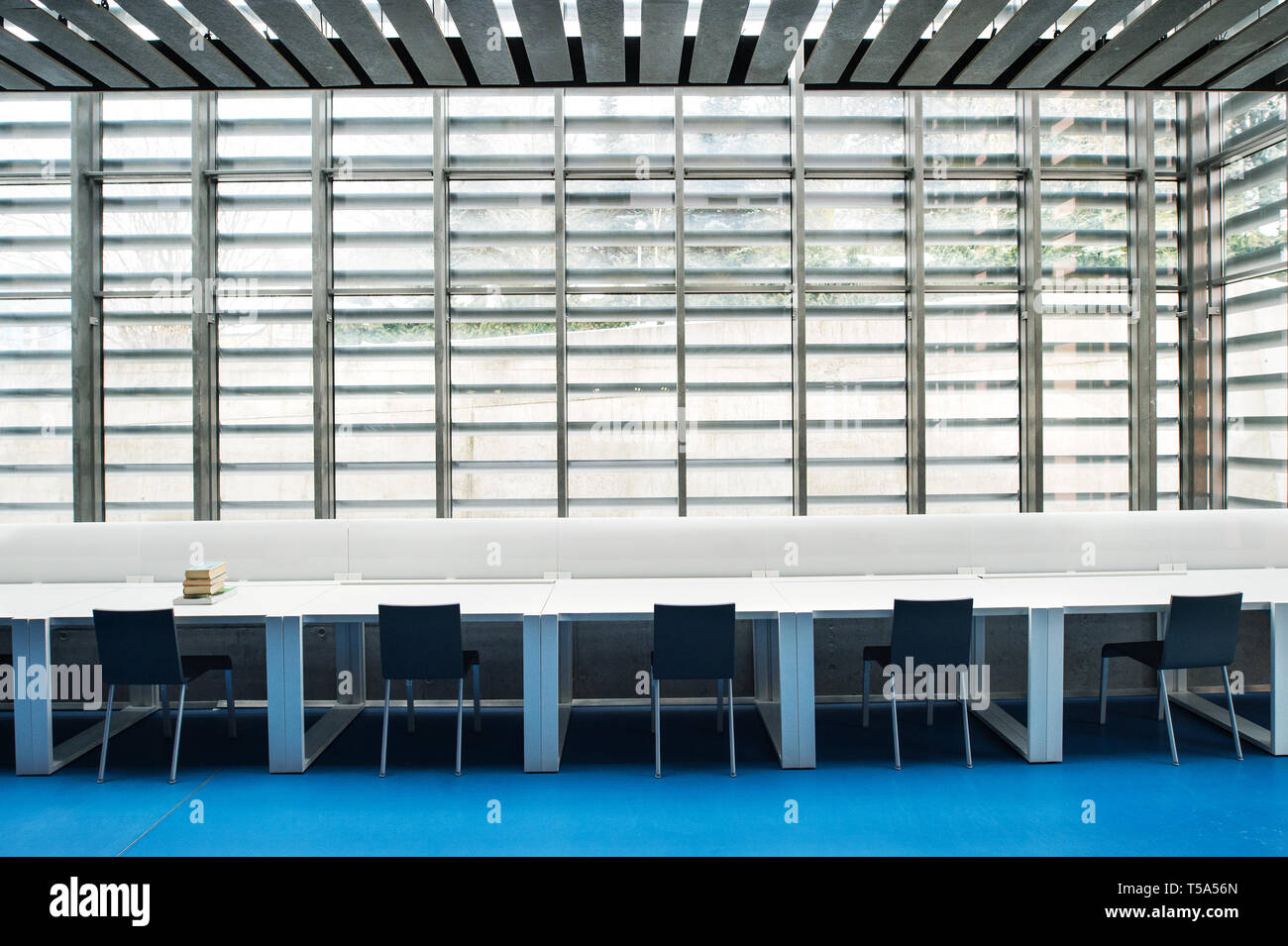 Ein Interieur mit modernen, geräumigen Arbeitszimmer für Studierende in einer Bibliothek oder im Büro. Stockfoto