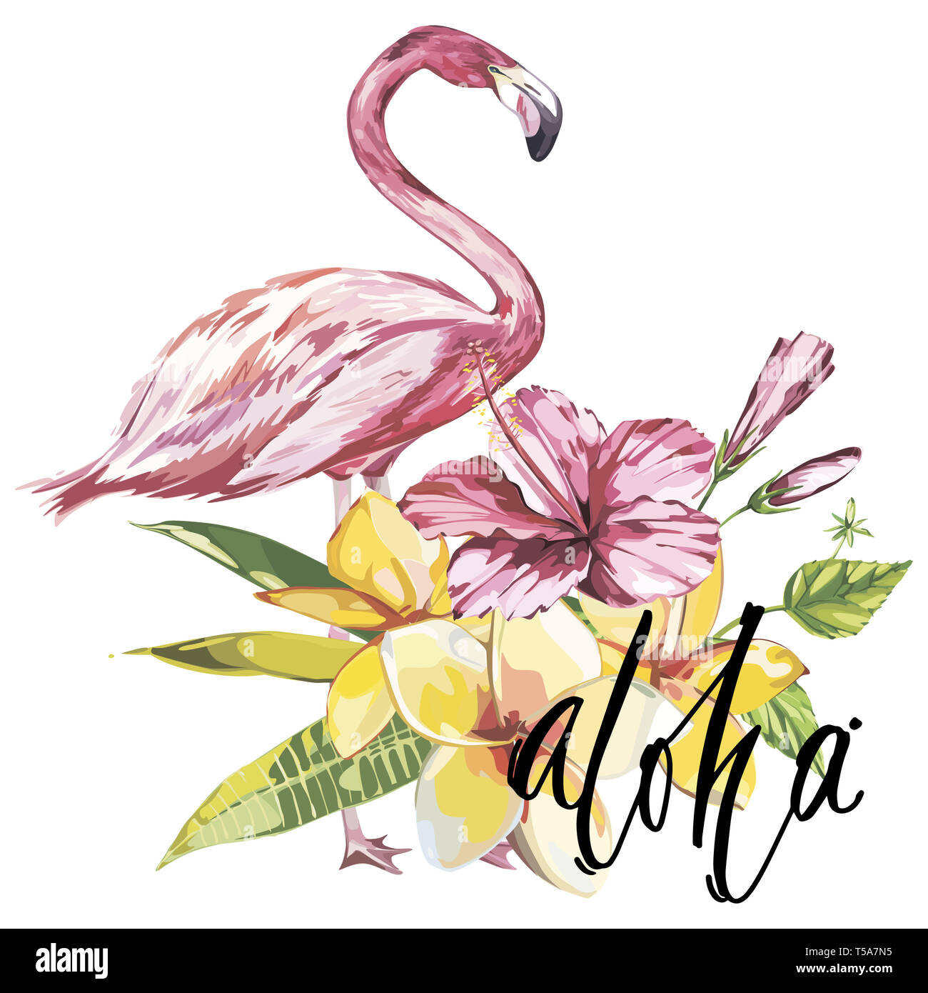 Wort - Aloha. Flamingo mit tropischen Blumen. Element für die Gestaltung von Einladungen, Filmplakate, Stoffen und anderen Objekten. Auf weiß Isoliert Stockfoto