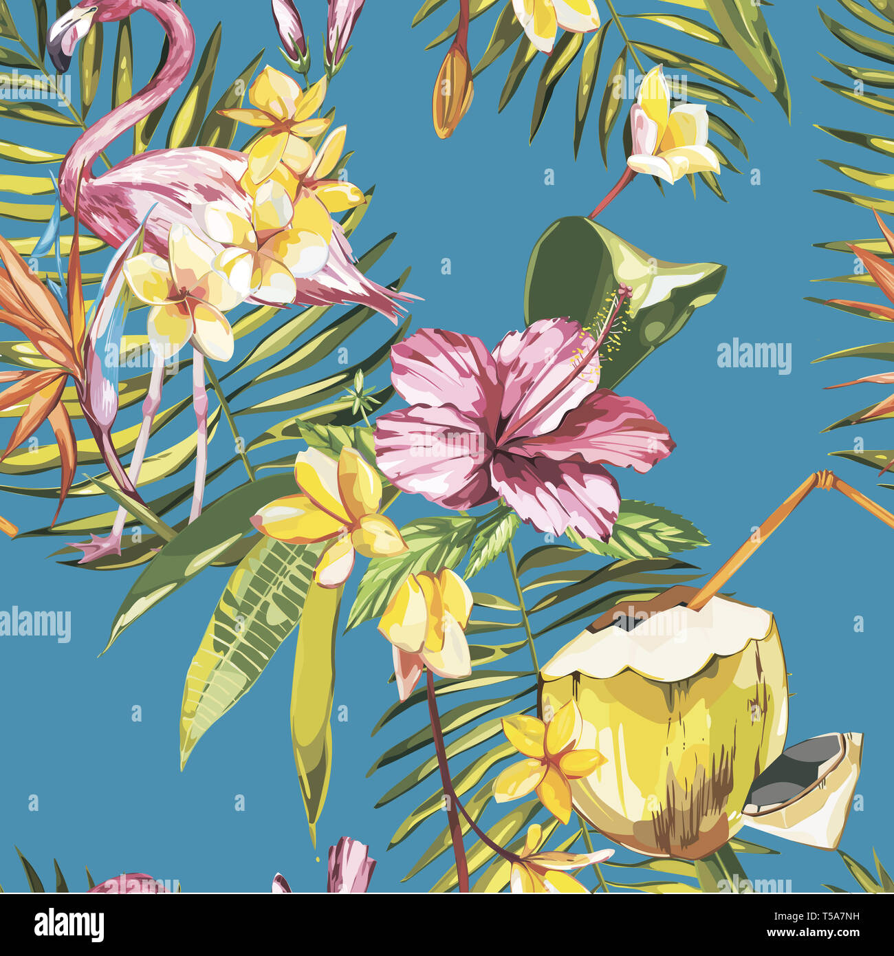 Nahtlose Muster mit tropischen Blumen, Kokos und Flamingo. Element für die Gestaltung von Einladungen, Filmplakate, Stoffen und anderen Objekten. Isoliert auf Stockfoto