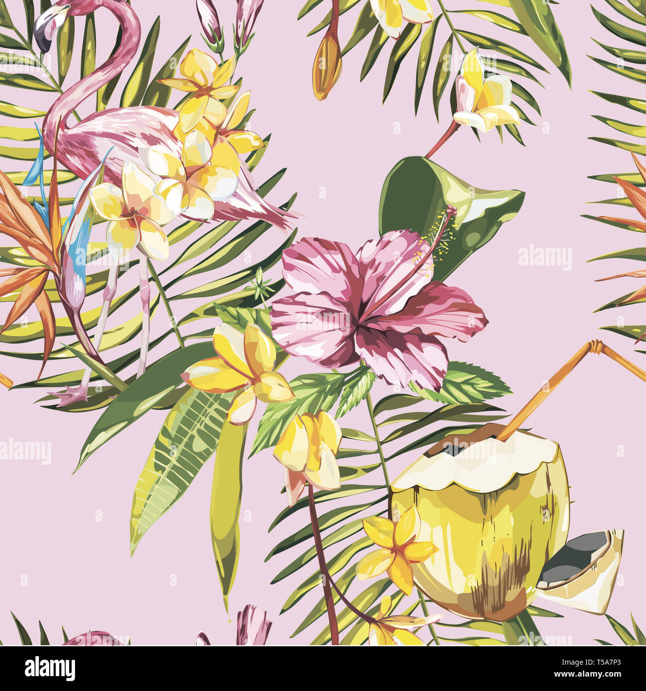 Nahtlose Muster mit tropischen Blumen, Kokos und Flamingo. Element für die Gestaltung von Einladungen, Filmplakate, Stoffen und anderen Objekten. Isoliert auf Stockfoto