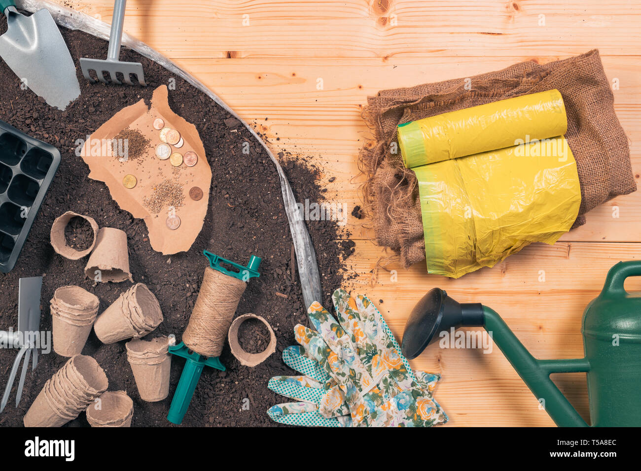 Preiswerte organische Nahrungsmittelproduktion und Gartengeräte, Ansicht von oben von Werkzeugen und Saatgut auf hölzernen Tisch im Garten mit einigen Euro-münzen als Konzept der l Stockfoto