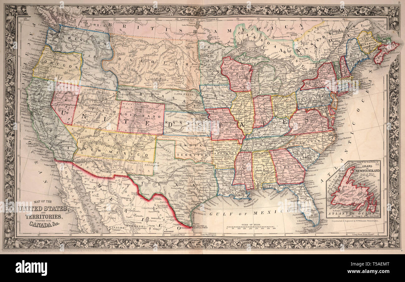 Schöne vintage Hand gezeichnete Karte Illustrationen von Vereinigten Staaten von einem alten Buch. Kann als Poster oder dekoratives Element für den Innenausbau verwendet werden. Stockfoto