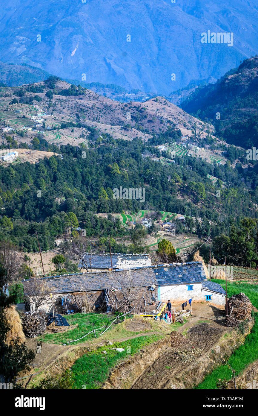 Haus im Dorf in den Hügeln von Uttarakhand, Pithoragarh, Indien. Stockfoto