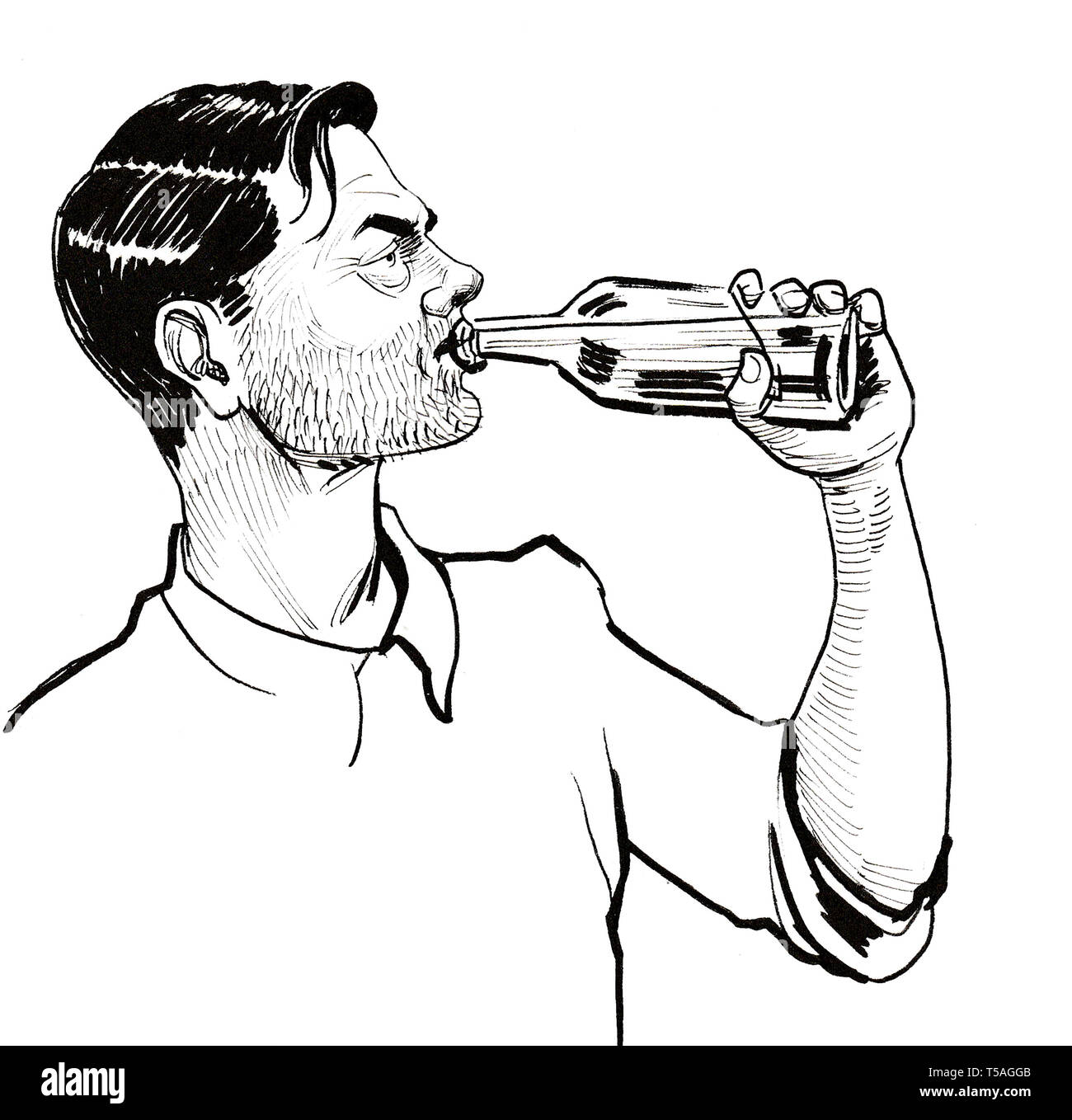Trunkenbold mit einer Flasche Alkohol. Tinte schwarz-weiss Zeichnung Stockfoto