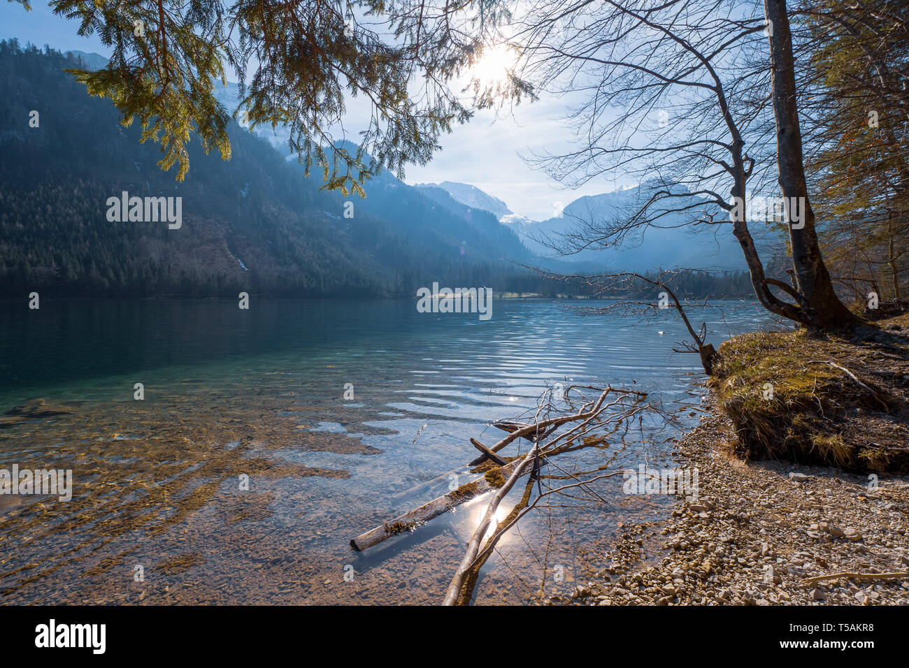 Malerischer Blick auf die großartige Landschaft auf dem flachen das kristallklare Wasser der Vorderer Langbathsee in der Nähe von Ebensee, Oberösterreich, Österreich widerspiegelt Stockfoto