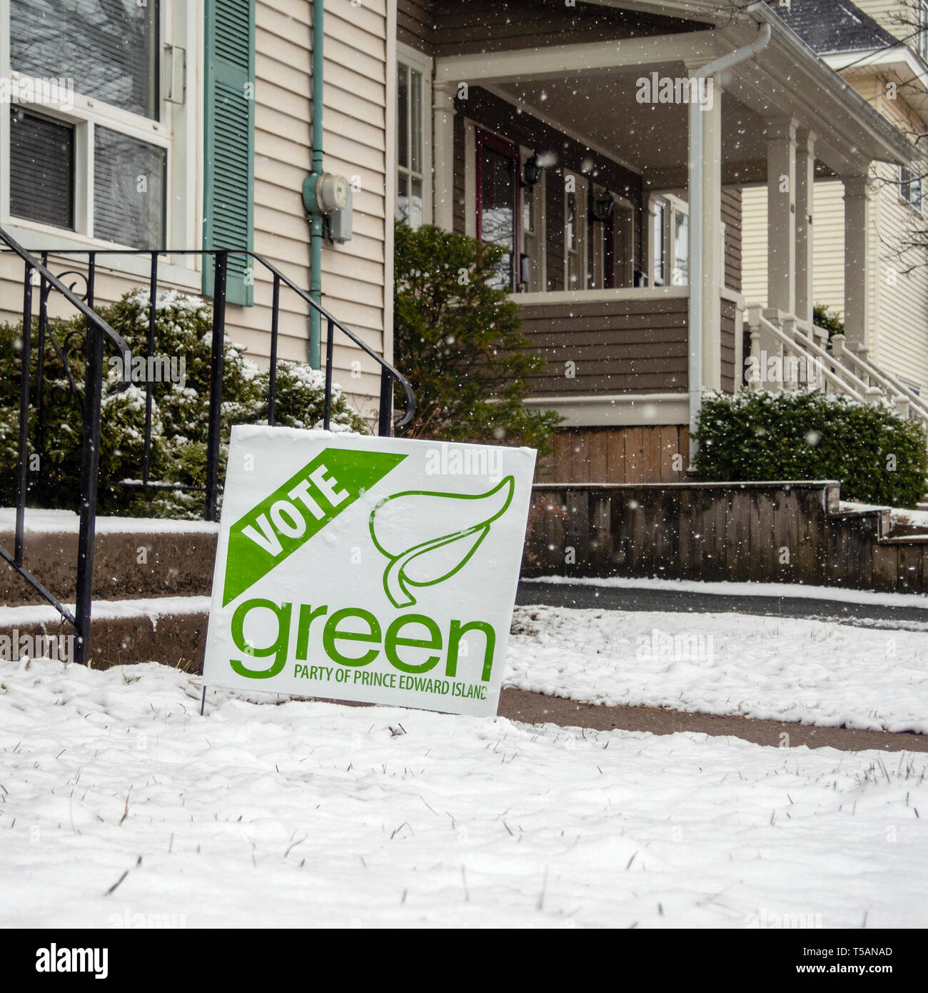 Abstimmung grünes Schild aus der Partei der Grünen von Prince Edward Island für die Landtagswahlen in Charlottetown, Prince Edward Island, Kanada Stockfoto