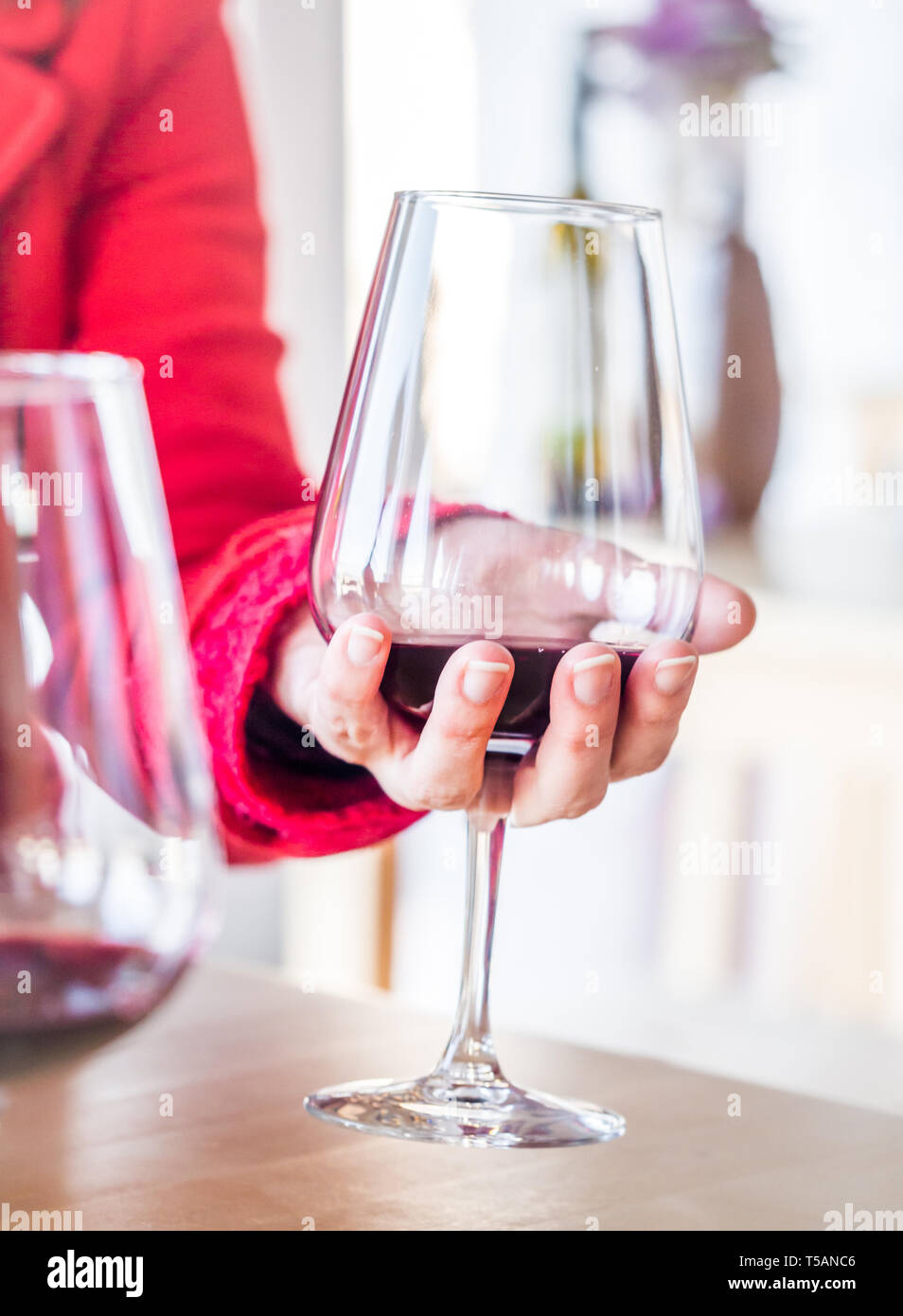 Frau hand mit einem Glas Rotwein an der Weinprobe in Setubal Wein Region, Portugal. Stockfoto