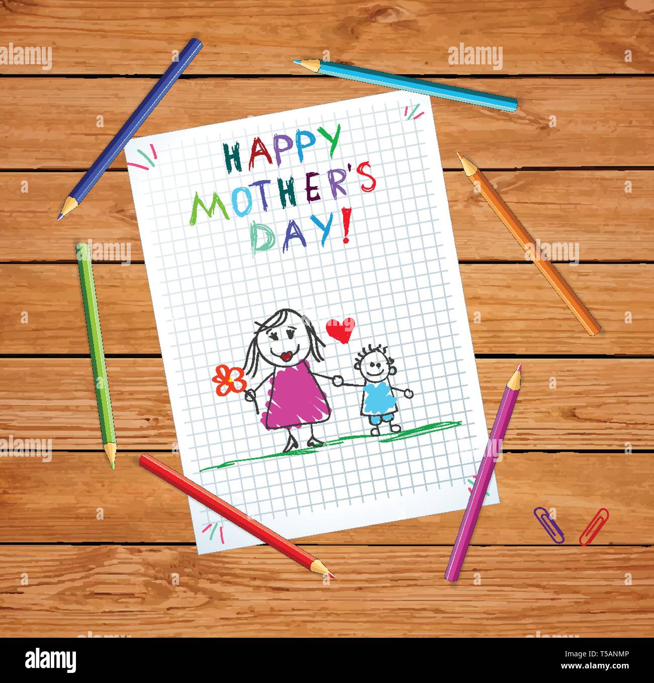 Glückliche Mütter Tag Baby Hand gezeichnete Bild der Mutter halten Hände mit Sohn auf karierten Notebook Blatt oder graphischen Papier auf Holztisch mit Farbe Stock Vektor