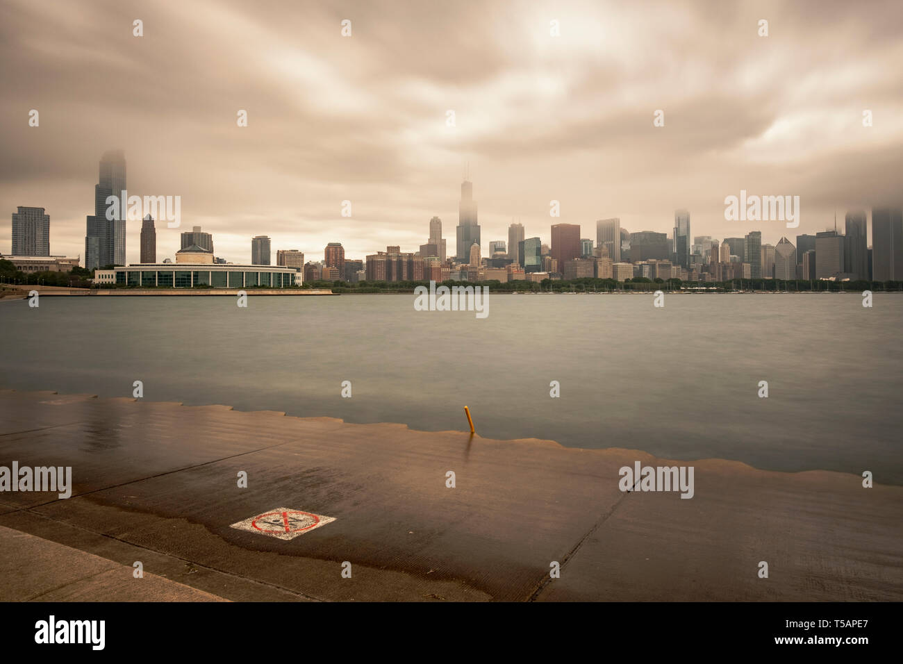 Chicago Skyline von Adler Planetarium. Iconic Willis Tower steht in der Mitte. Altmodisch aussehen. Stockfoto