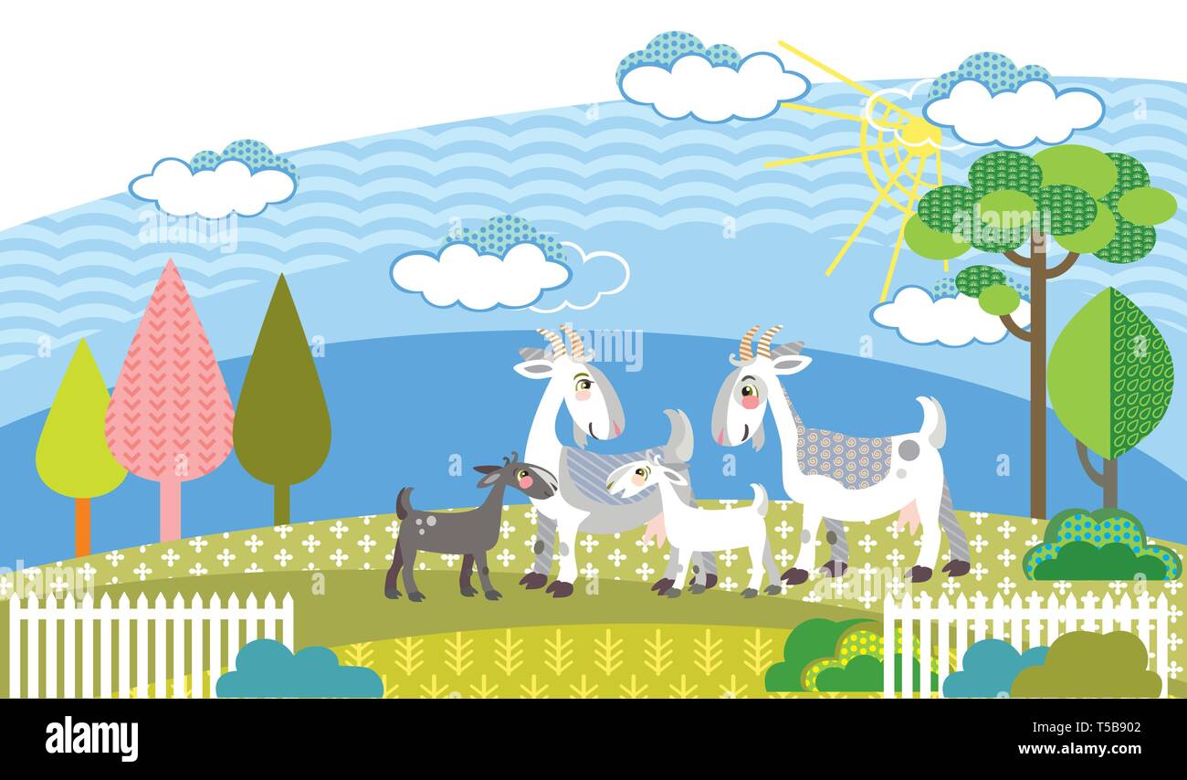 Bunt dekorativ Umrisse niedlich Familie Ziegen stehen im Profil im Garten. Bauernhof Vektor cartoon Flachbild Abbildung in verschiedenen Farben auf whi isoliert Stock Vektor