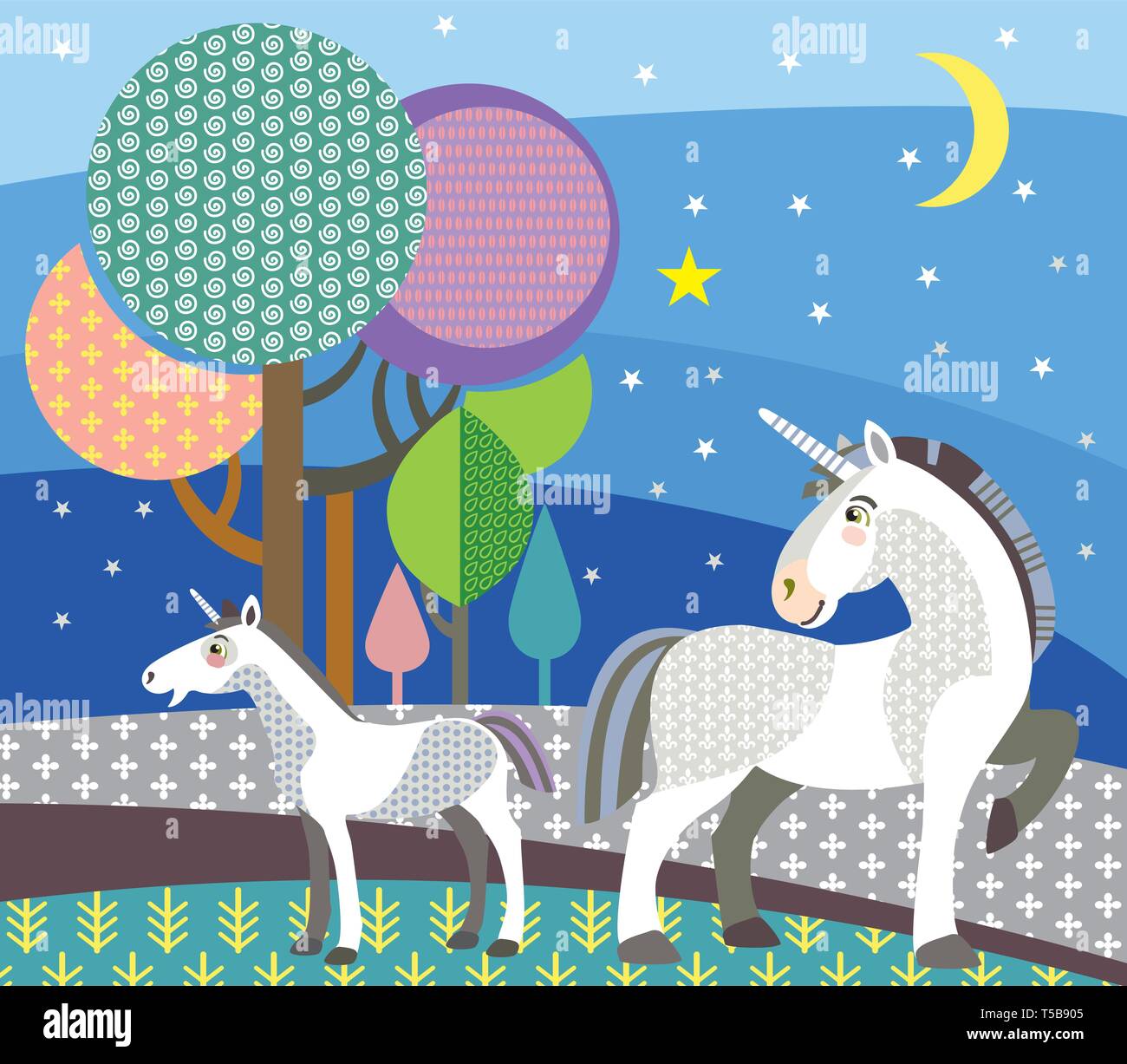 Bunt dekorativ Umrisse niedlichen Einhorn und Fohlen Einhorn stehend in Profil auf Nacht Wald. Vektor cartoon Flachbild Abbildung in verschiedenen Farben. Stock Vektor