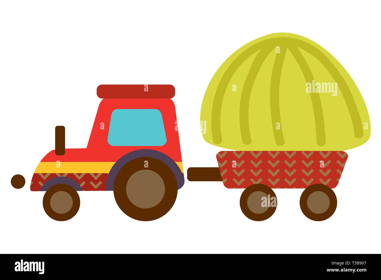 Bunt dekorativ Umrisse lustige rote cartoon Traktor mit Heuhaufen stehen im Profil. Bauernhof Vektor cartoon Flachbild Abbildung in verschiedenen Farben iso Stock Vektor