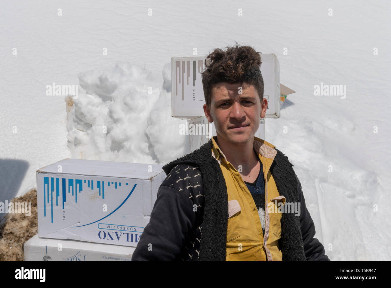 Schmuggler mit irakischen Zigarette Karton zu Laden auf einem Lkw im Winter, Uraman Tal im Winter, Provinz Kurdistan, Iran Stockfoto