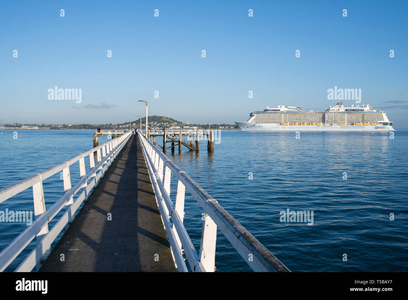 Auckland, Neuseeland. Kreuzfahrtschiff kommt an Waitamata Harbour Stockfoto