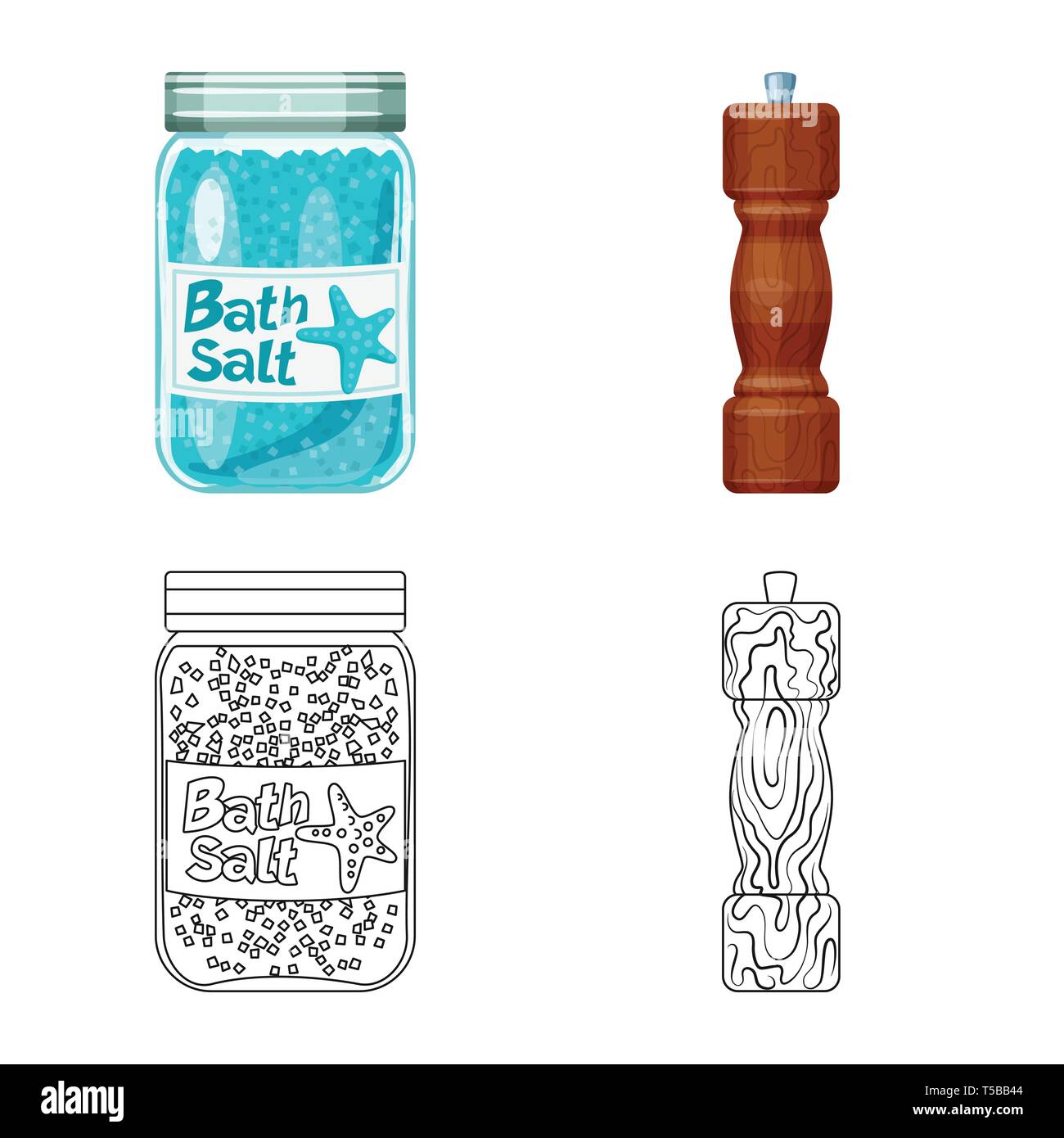 Flasche, Salzfass, salzig, Würzen, Badewanne, Wellness, Holz-, Vintage, Streuen, Pulver, Mühle, weiß, Getreide, Mehl, Reinigen, Kochen, Meer, Natur, Backen, Salz, Nahrungsmittel-, Natrium-, Mineral, Raw, Küche, Set, Vector, Icon, Illustration, isoliert, Sammlung, Design, Element, Grafik, Zeichen, Vektor, Vektoren, Stock Vektor