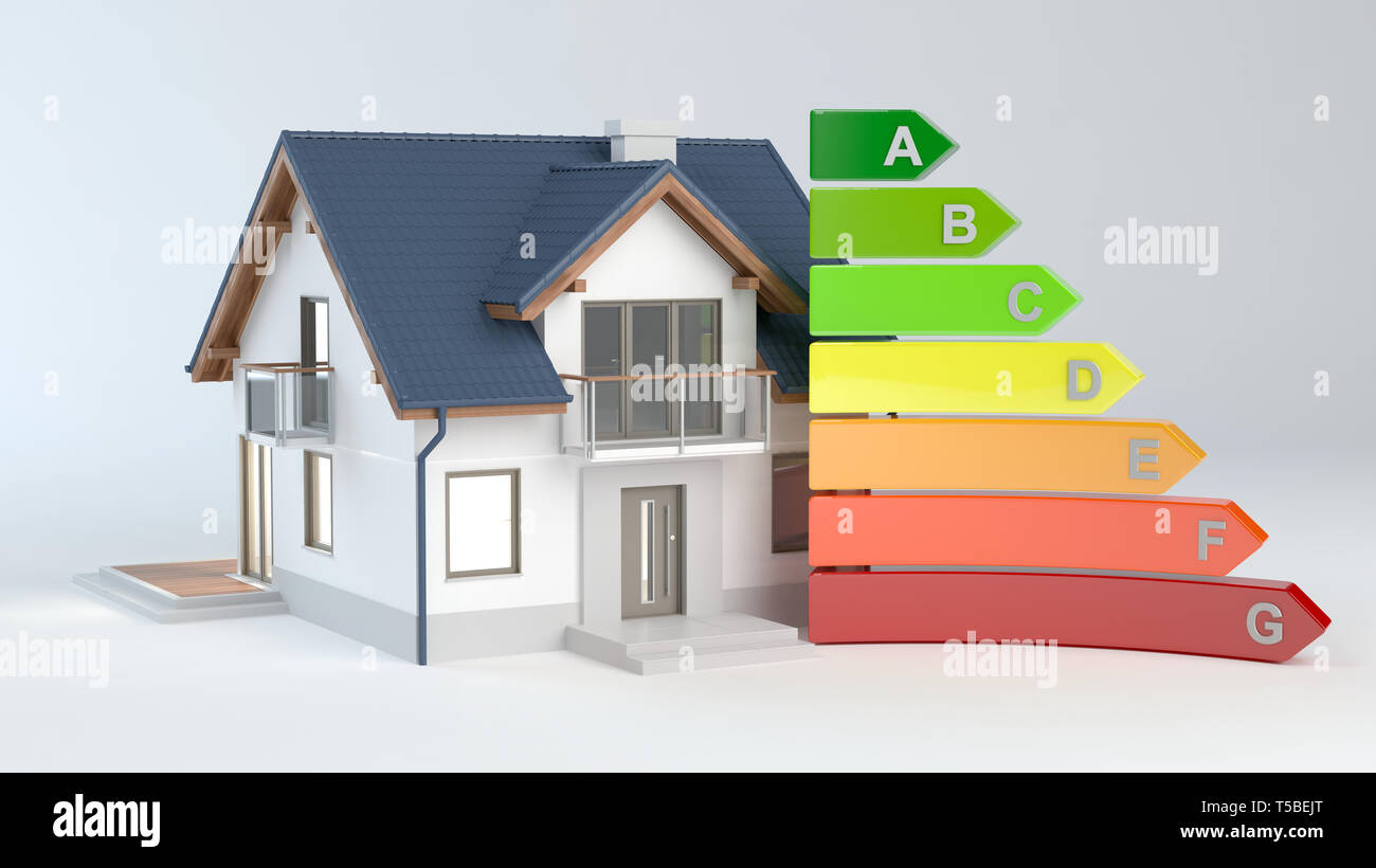 Energieeffizienz - Haus Nr. 9, 3D-Darstellung Stockfoto