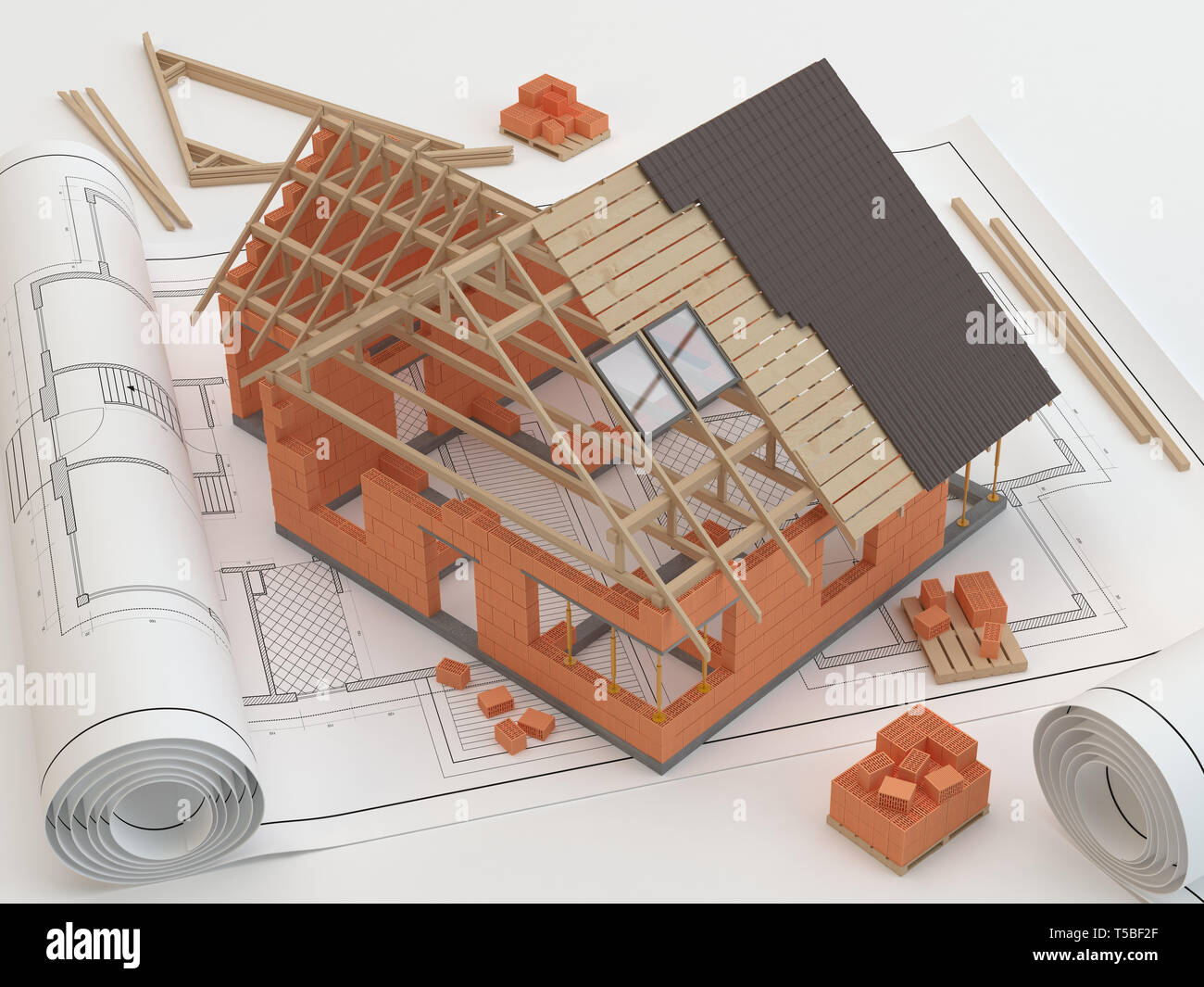 Pläne und Haus, 3D-Darstellung Stockfoto
