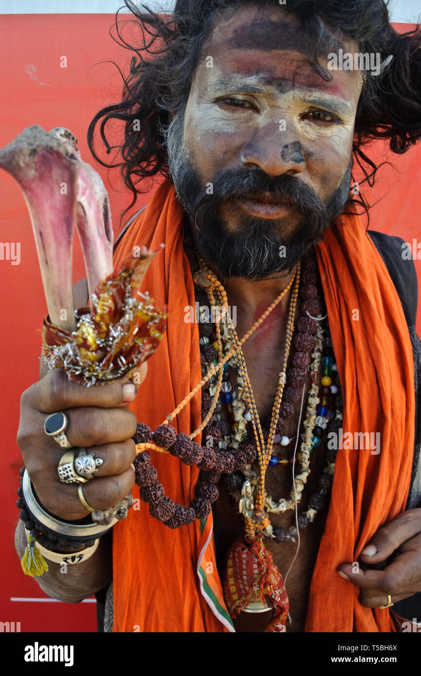 Hinduistische Asket ('Sadhu''), das der Aghori Sekte (Indien). Er hält  monkey Knochen Stockfotografie - Alamy