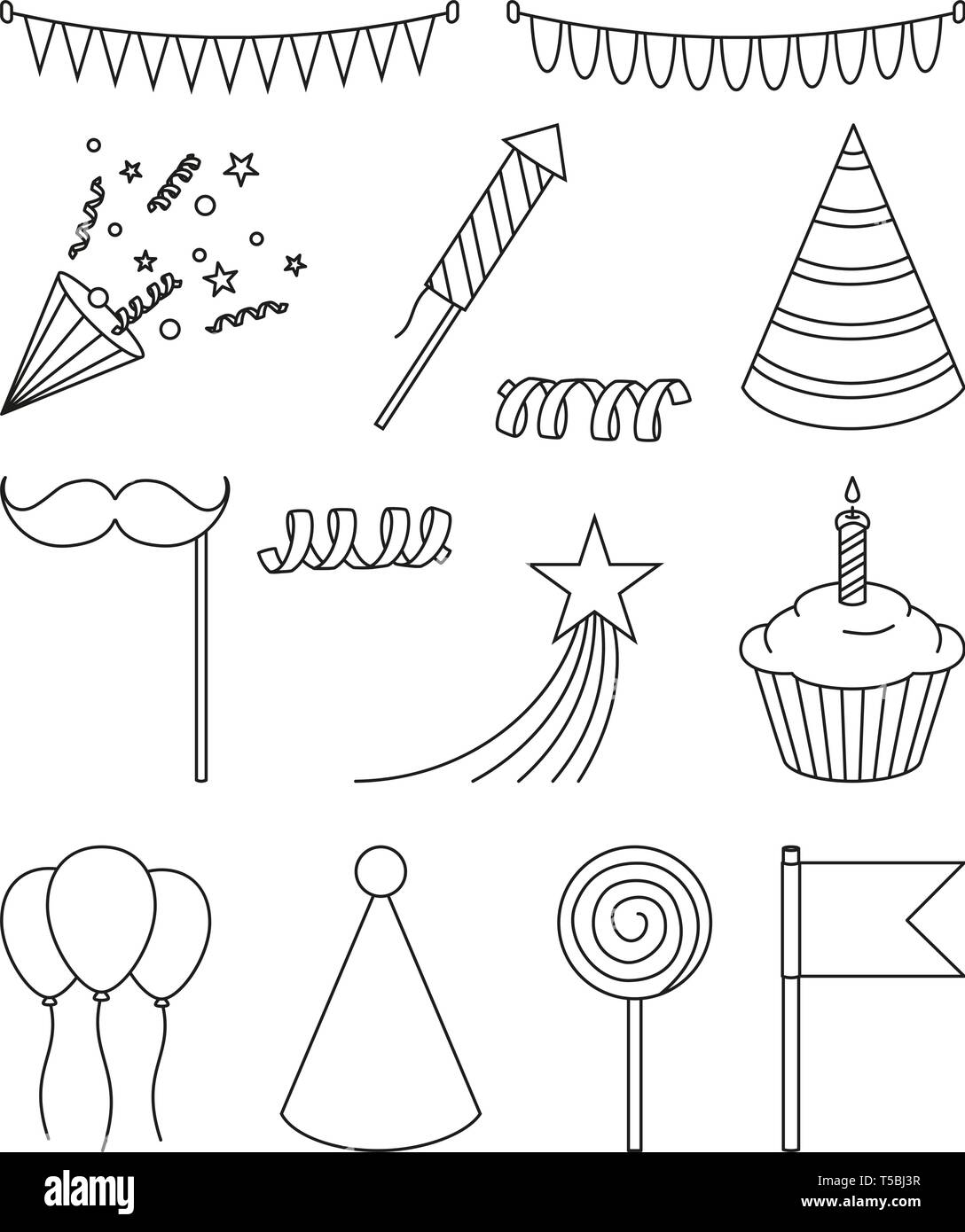 Line Art Schwarz und Weiß 14 Partei Elemente einstellen Stock Vektor