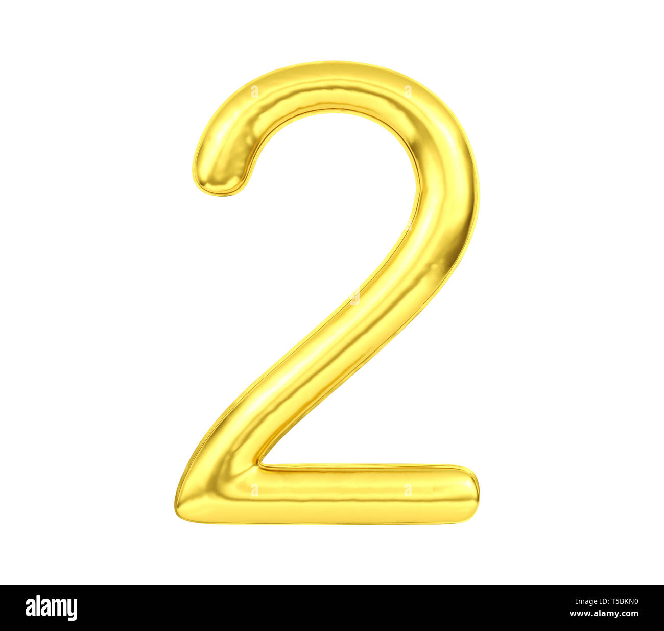 Ziffer 2, goldene Ballon Nummer zwei auf weißem Hintergrund, 3D-Rendering Stockfoto