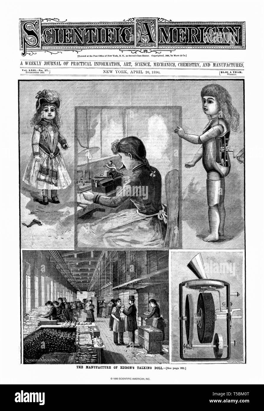 Abdeckung des Scientific American Journal, 26. April 1890 Mit einer Funktion auf die Herstellung von Thomas Edisons sprechende Puppe Stockfoto