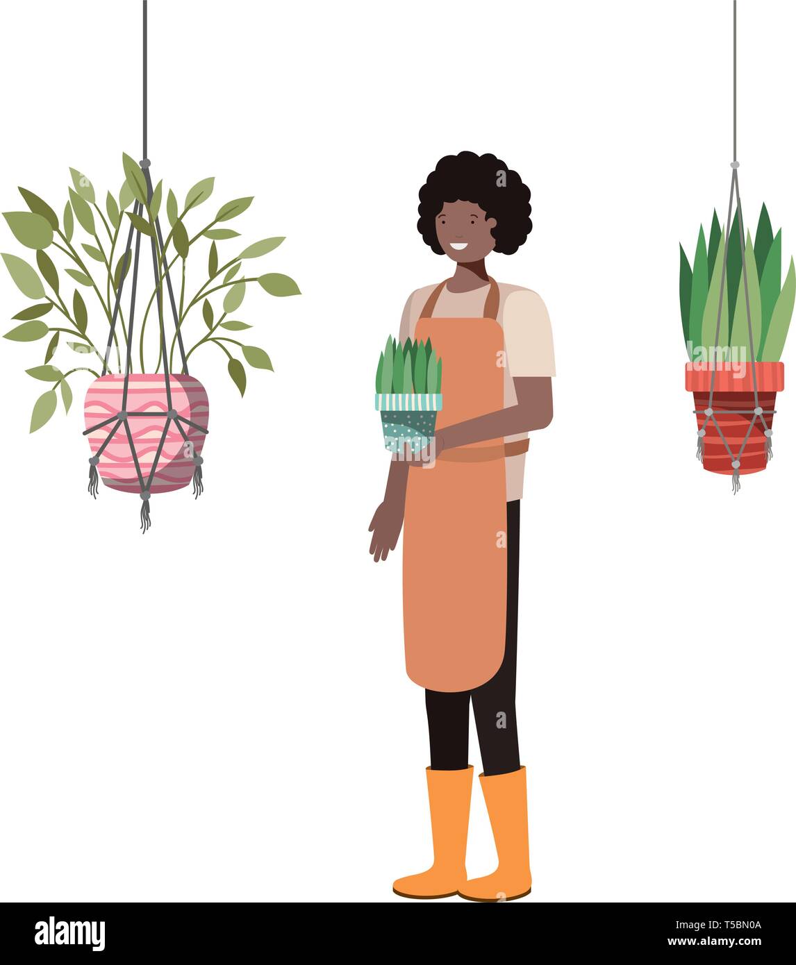 Mann mit zimmerpflanze in macrame Kleiderbügel Stock Vektor