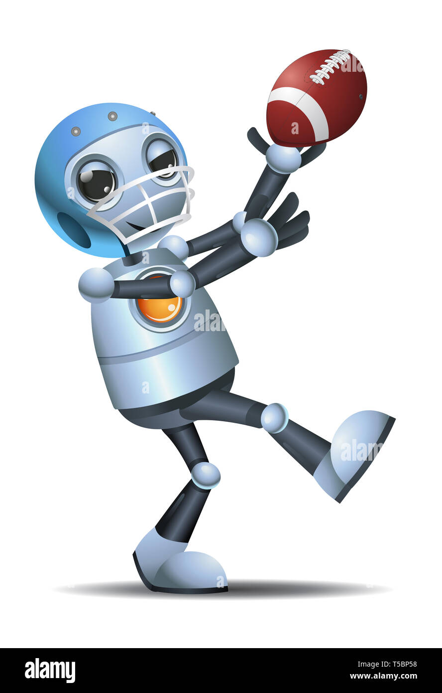 Abbildung eines kleinen Roboter empfangen rugby ball pass auf isolierten weißen Hintergrund Stockfoto
