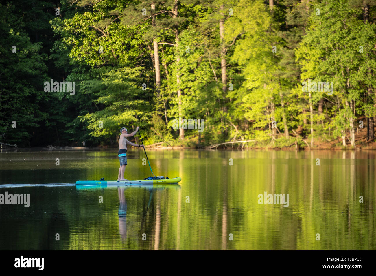 Active Senior paddleboarding auf einem ruhigen See bei Stone Mountain Park in Atlanta, Georgia. (USA) Stockfoto