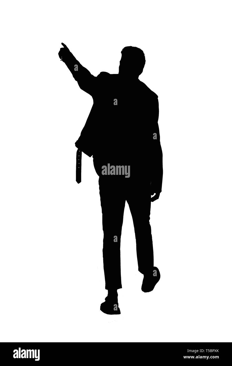 Zurück schwarze Silhouette eines Mannes mit einer zeigenden Hand anzeigen. Gehen Kerl angezeigt. Rückseite Ansehen der Person. Ansicht von hinten leute Sammlung. Isoliert Stockfoto