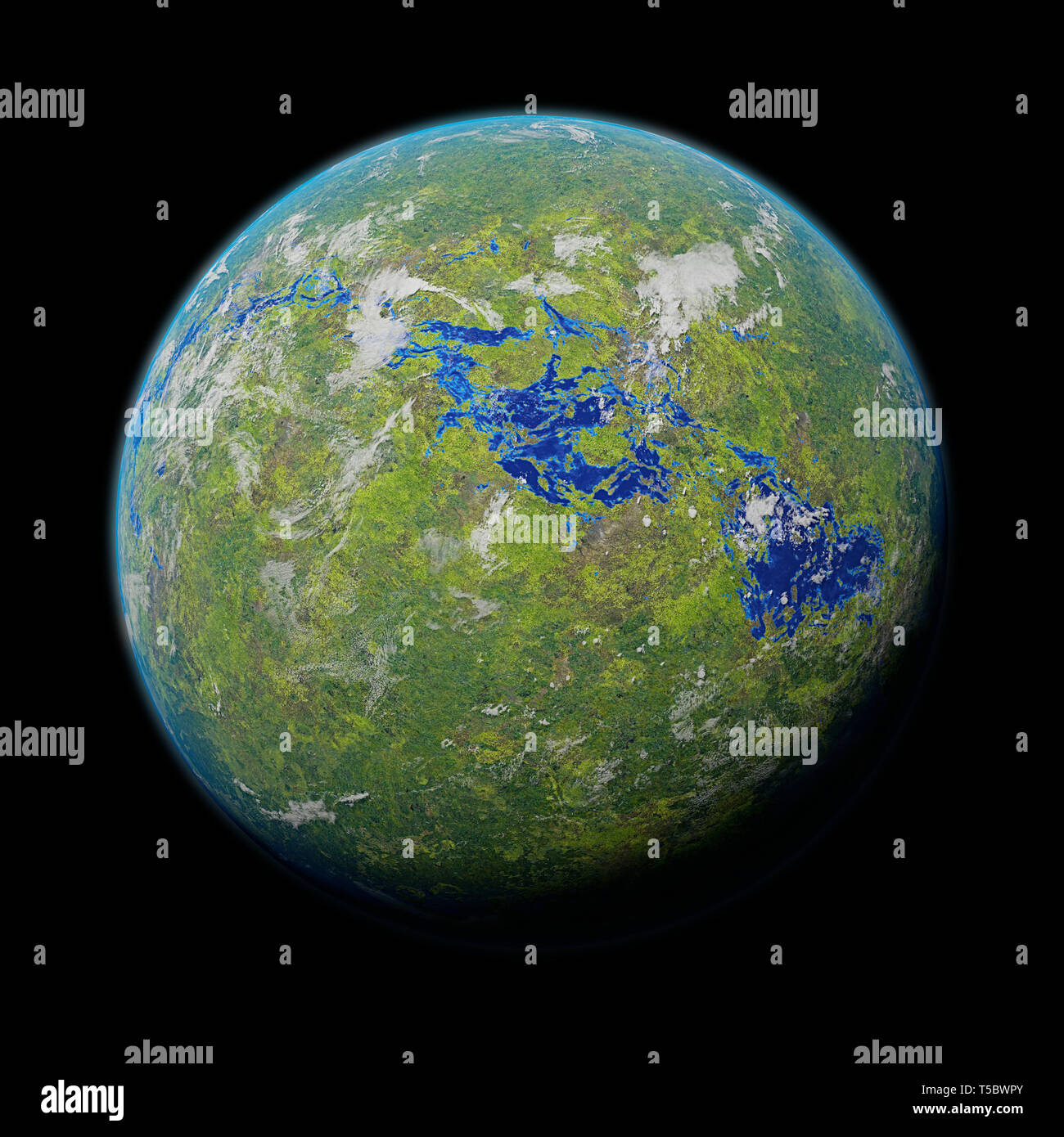 Grüne fremden Planeten, Dschungel Exoplanet mit Oberflächenwasser und Pflanzen isoliert auf schwarzen Hintergrund (3d-Abbildung) Stockfoto