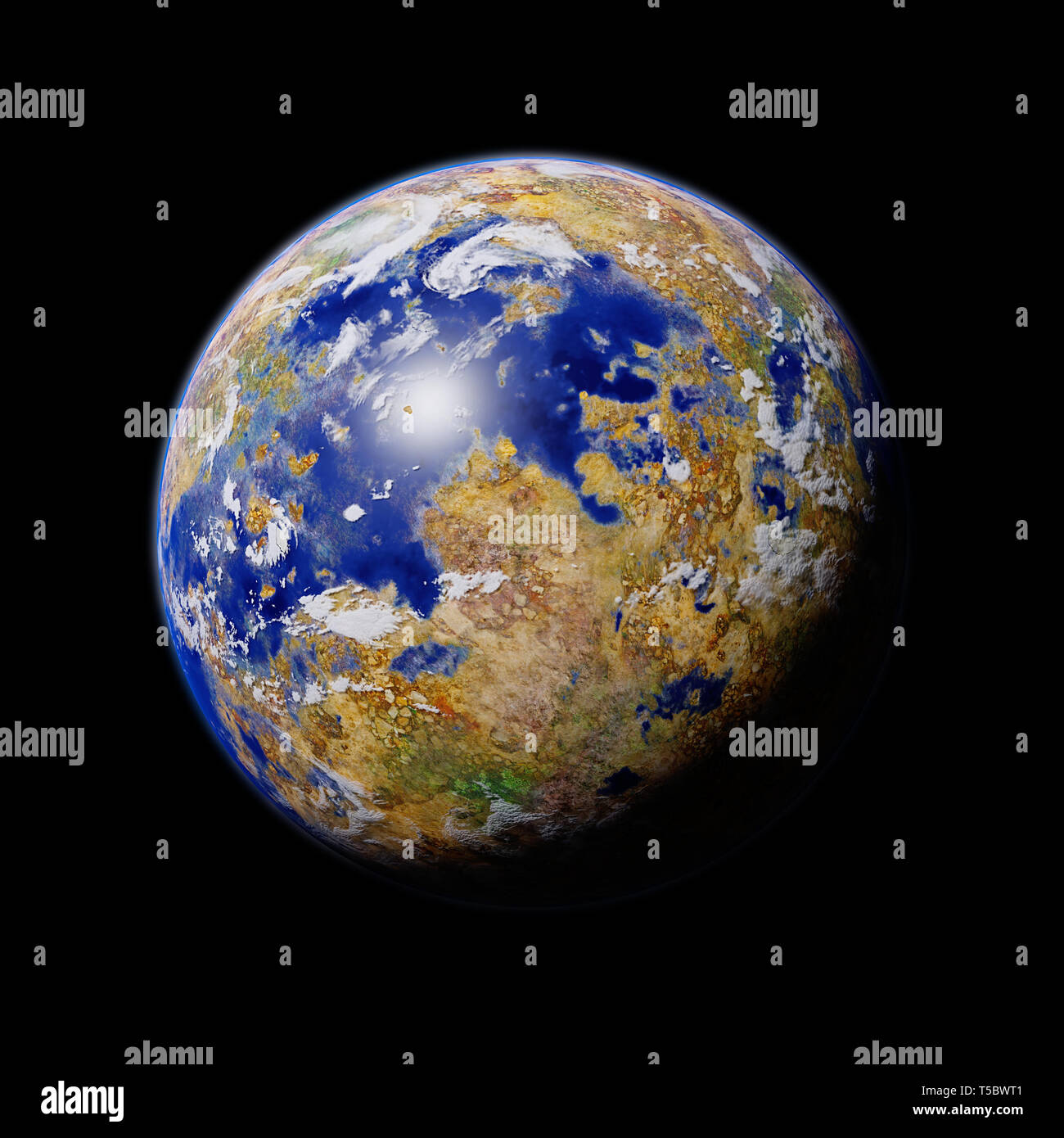 Fremden Planeten, Exoplaneten mit der Oberfläche Wasser, Wolken und Pflanzen isoliert auf schwarzen Hintergrund (3d-Abbildung) Stockfoto