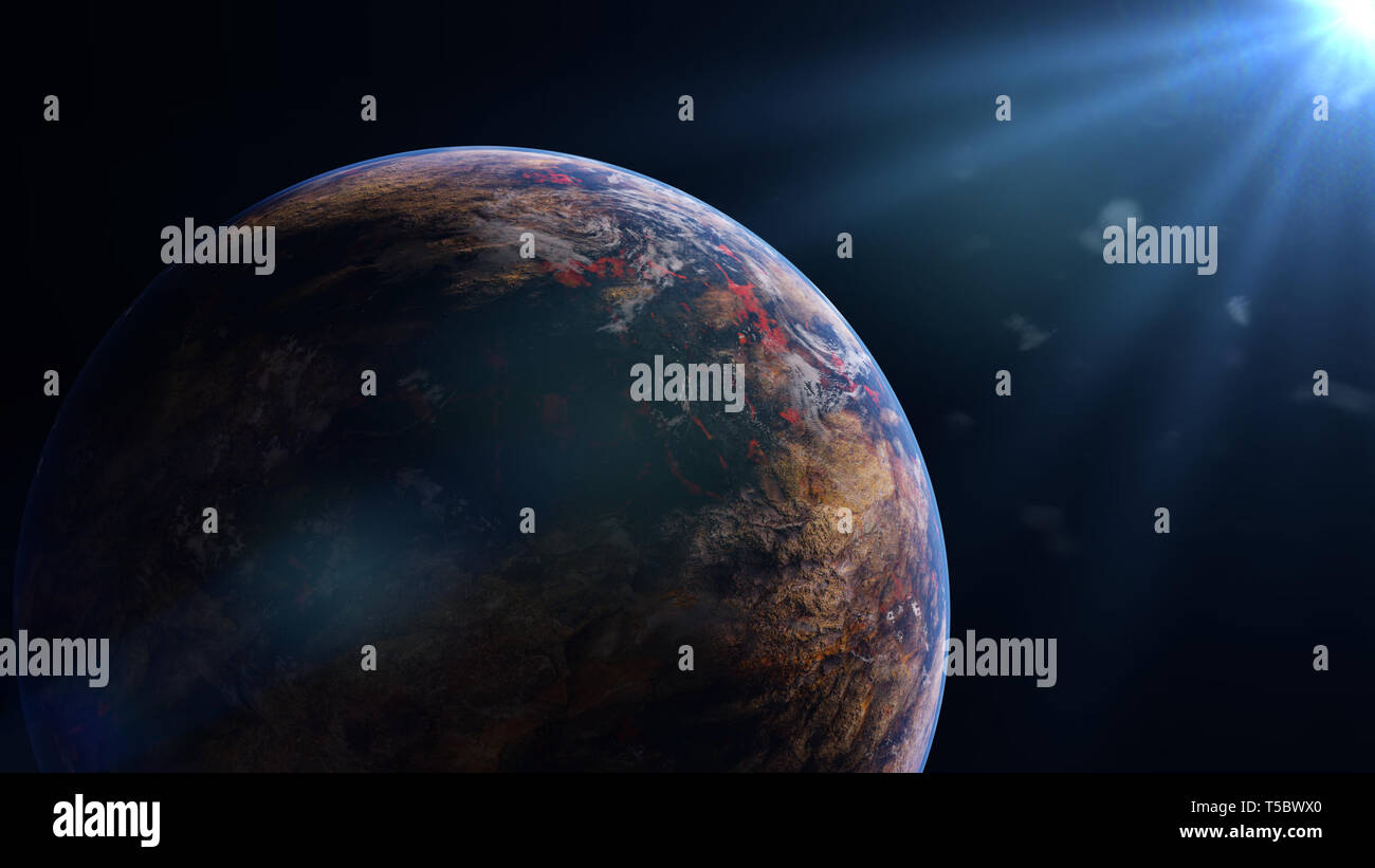 Lava Planeten, Exoplaneten beleuchtet von einer fremden Sonne (3d-Abbildung) Stockfoto