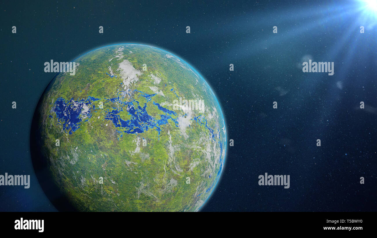 Grüne fremden Planeten, Exoplaneten mit Oberflächenwasser und pflanzlichen Lebens (3d-Abbildung) Stockfoto