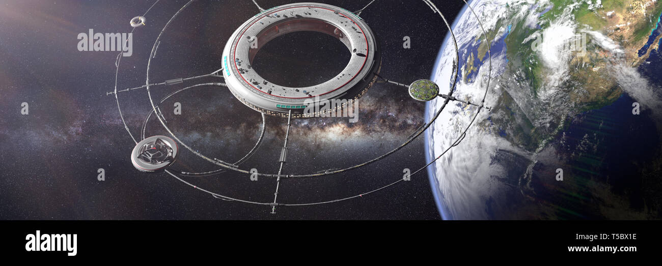 Raumstation in der Umlaufbahn des Planeten Erde (3d-science fiction Rendern im Hintergrund Banner, Elemente dieses Bild von der NASA eingerichtet sind). Stockfoto