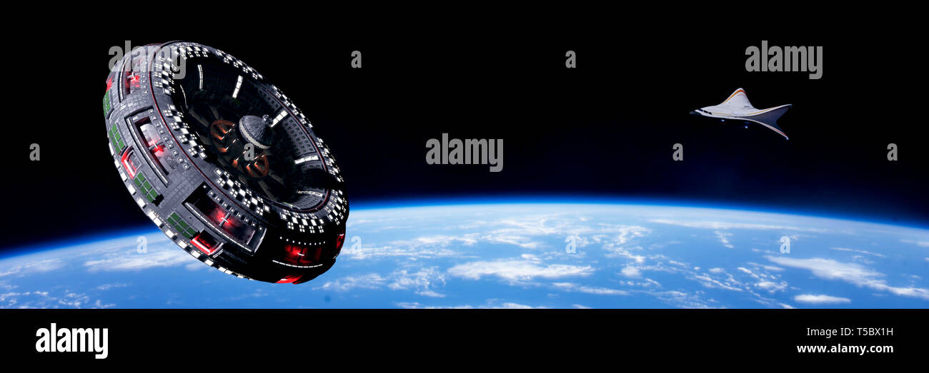 Raumstation und Raumschiff in der Umlaufbahn des Planeten Erde (3d-science fiction Hintergrund Abbildung: Banner, Elemente dieses Bild von der NASA eingerichtet sind). Stockfoto