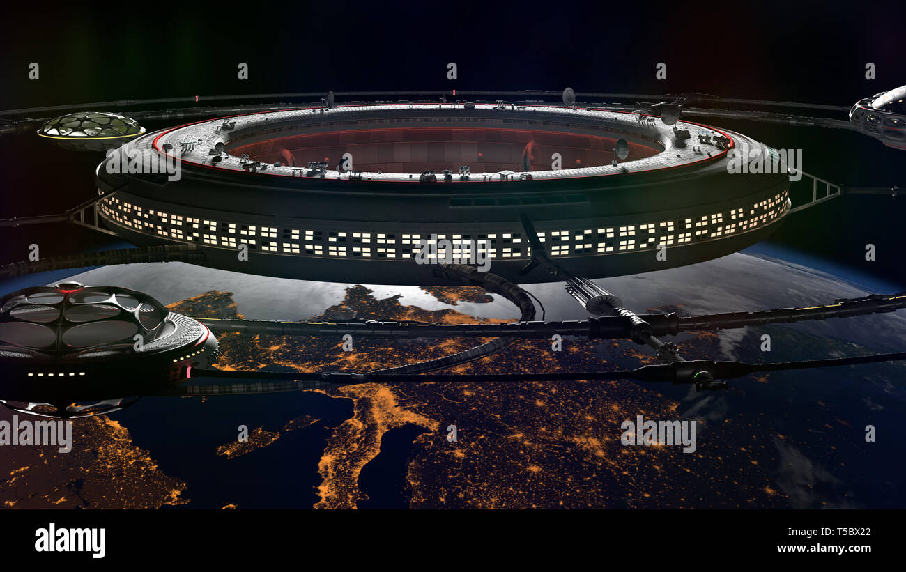Raumstation in der Umlaufbahn des Planeten Erde, Nacht über Europa (3d-science fiction Rendern im Hintergrund Banner, Elemente dieses Bild durch NAS eingerichtet Stockfoto