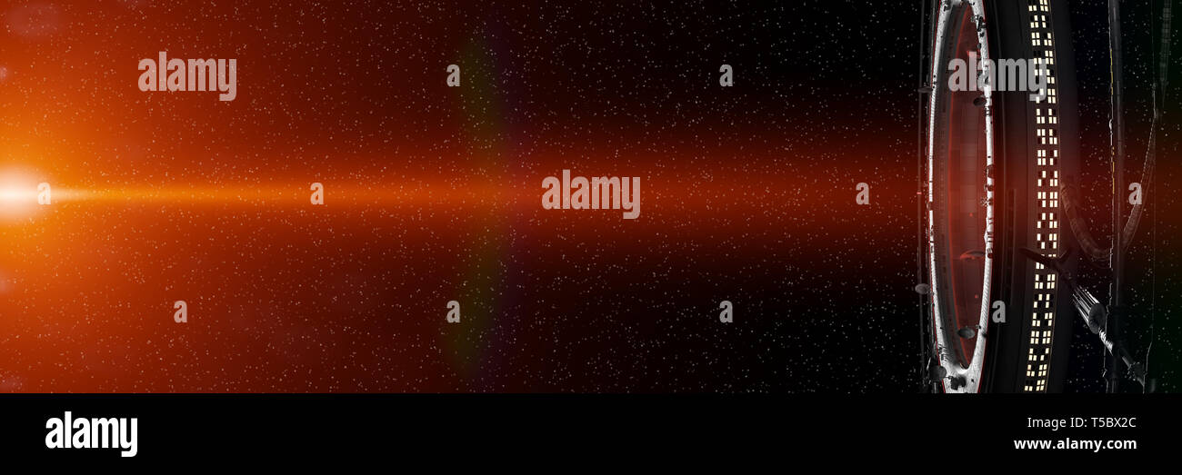 Space station, futuristischen Lebensraum beleuchtet durch einen hellen Stern (3d-science fiction Illustration Banner) Stockfoto