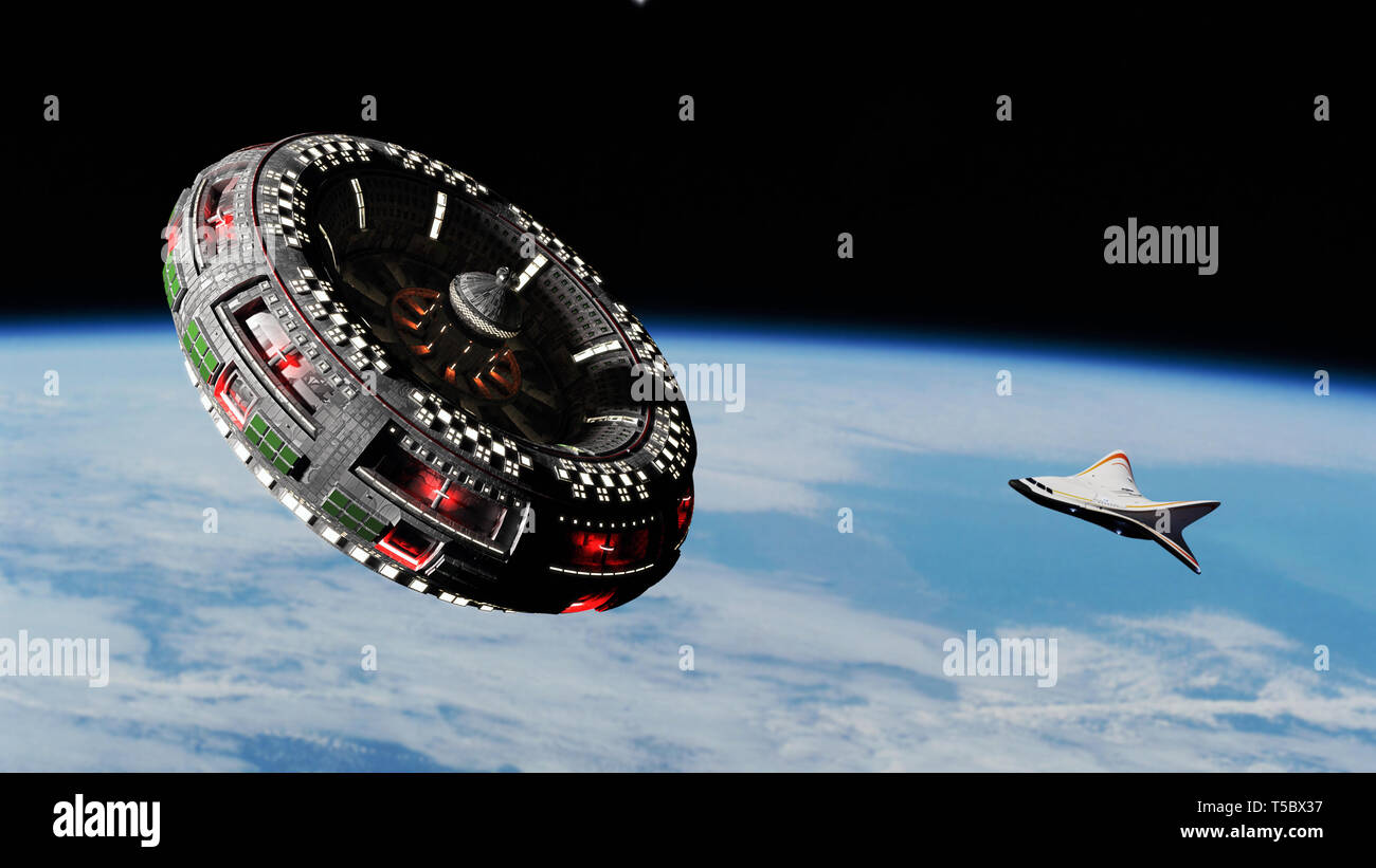 Space station mit dem Raumschiff im Orbit des Planeten Erde (3d-science fiction Hintergrund Illustration, Elemente dieses Bild von der NASA eingerichtet sind). Stockfoto