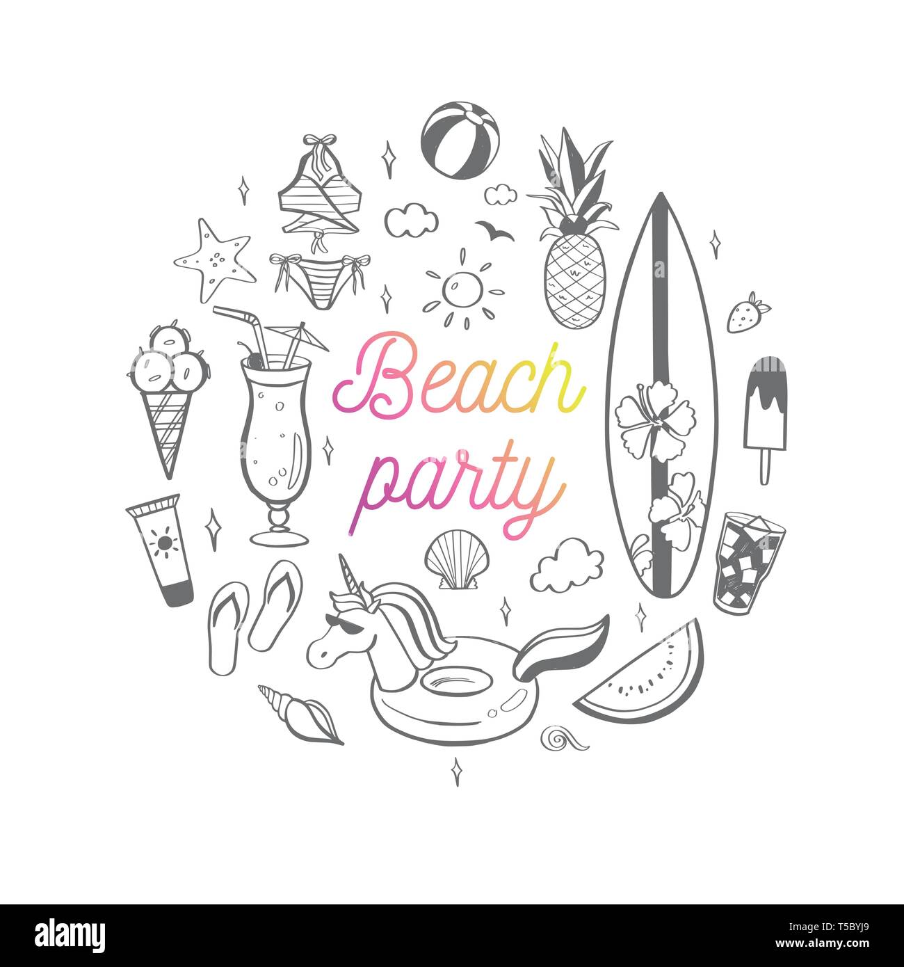 Große Sommer vektor design doodle Elemente. Strand Sammlung, tropische Früchte, Badeanzug, Surfen. Hand gezeichnet isoliert Skizzen auf weißem backgroun Stock Vektor